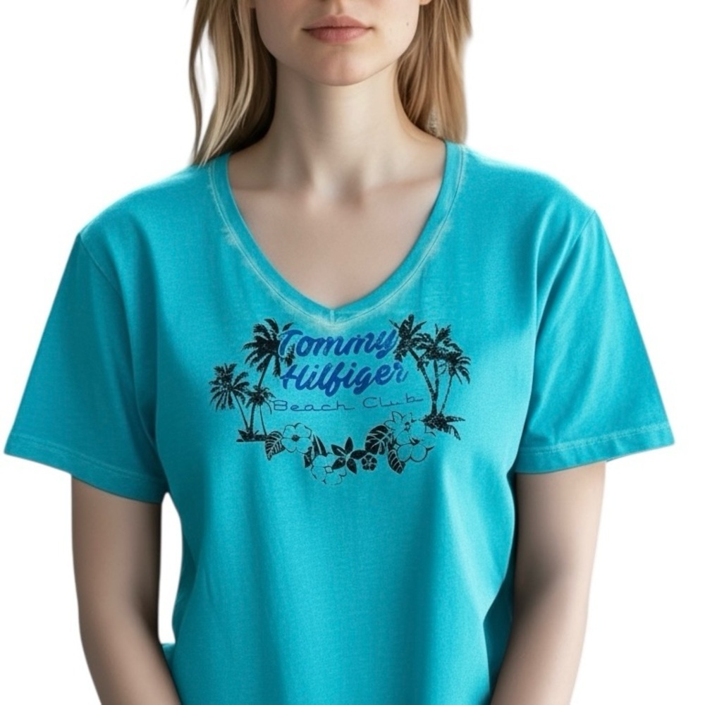 Tommy Hilfiger Women's Aqua Graphic V Neck Short Sleeve Tee Palm Tree Flowers
